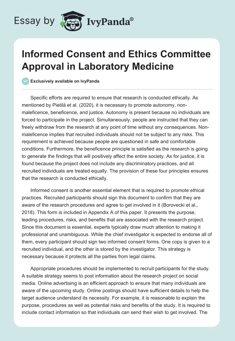 Informed Consent and Ethics Committee Approval in Laboratory Medicine. Page 1