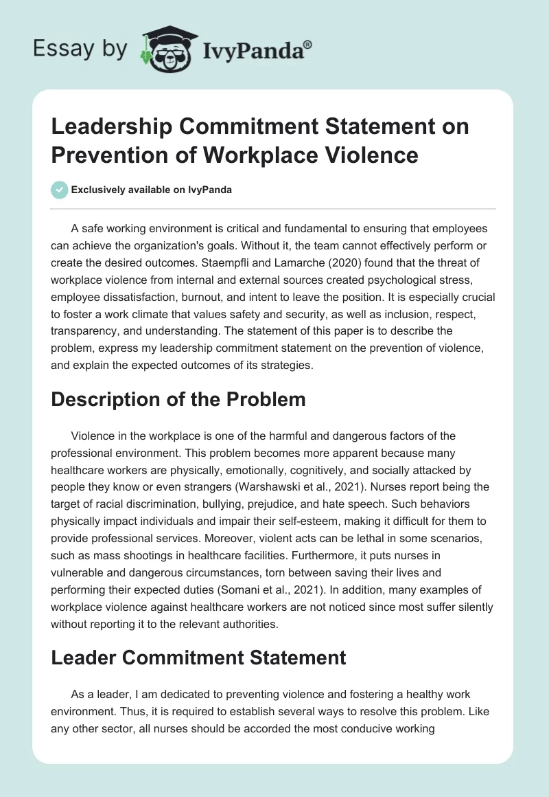 Leadership Commitment Statement on Prevention of Workplace Violence. Page 1