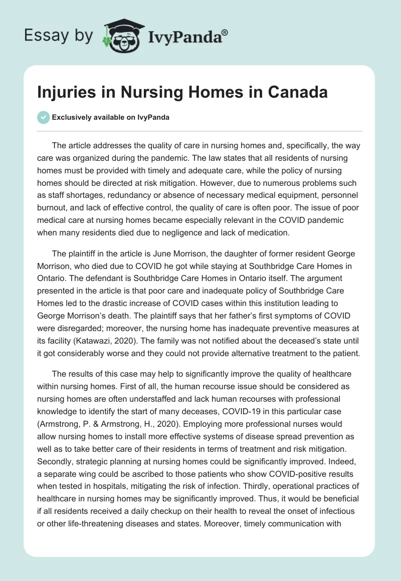 Injuries in Nursing Homes in Canada. Page 1