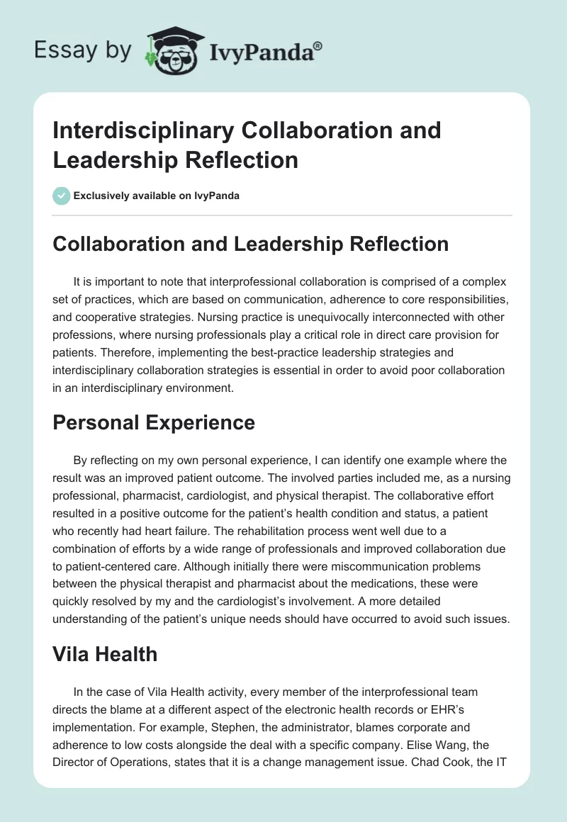 Interdisciplinary Collaboration and Leadership Reflection. Page 1