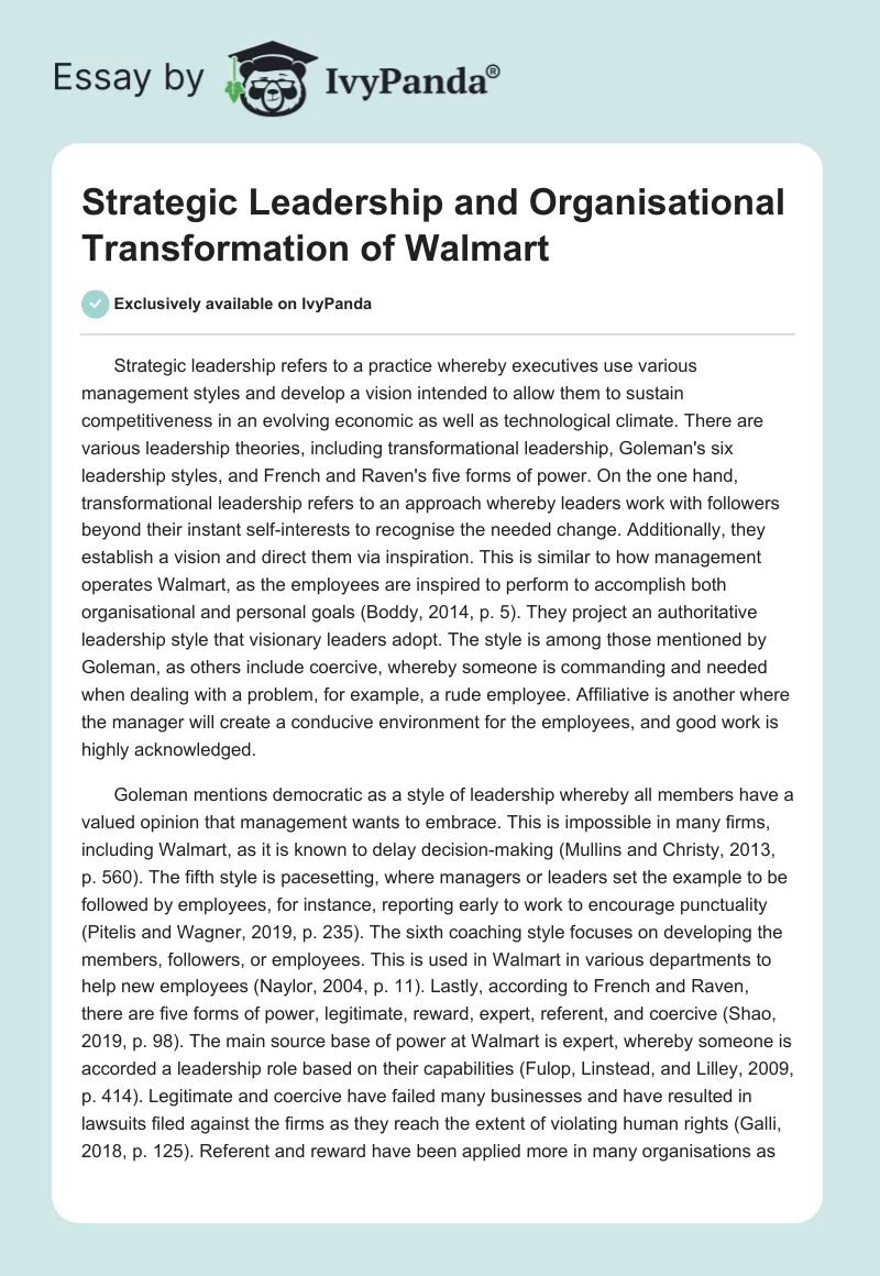 Strategic Leadership and Organisational Transformation of Walmart. Page 1