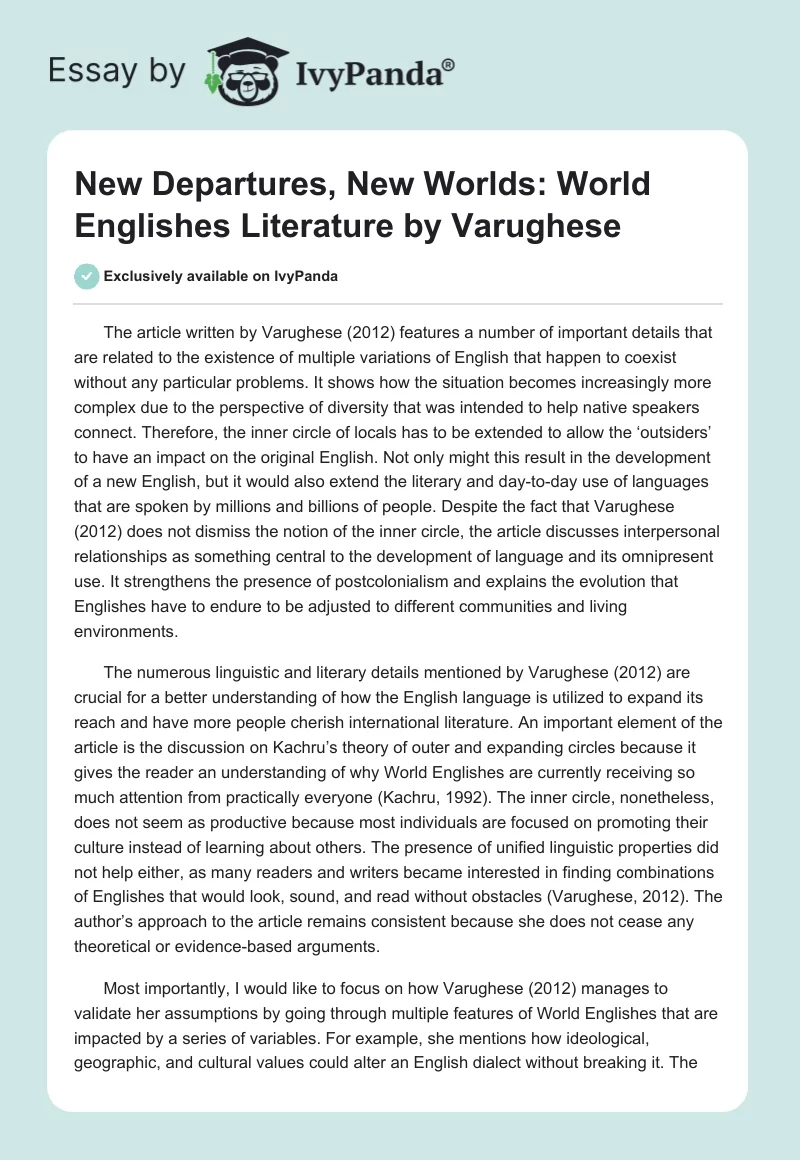 "New Departures, New Worlds: World Englishes Literature" by Varughese. Page 1