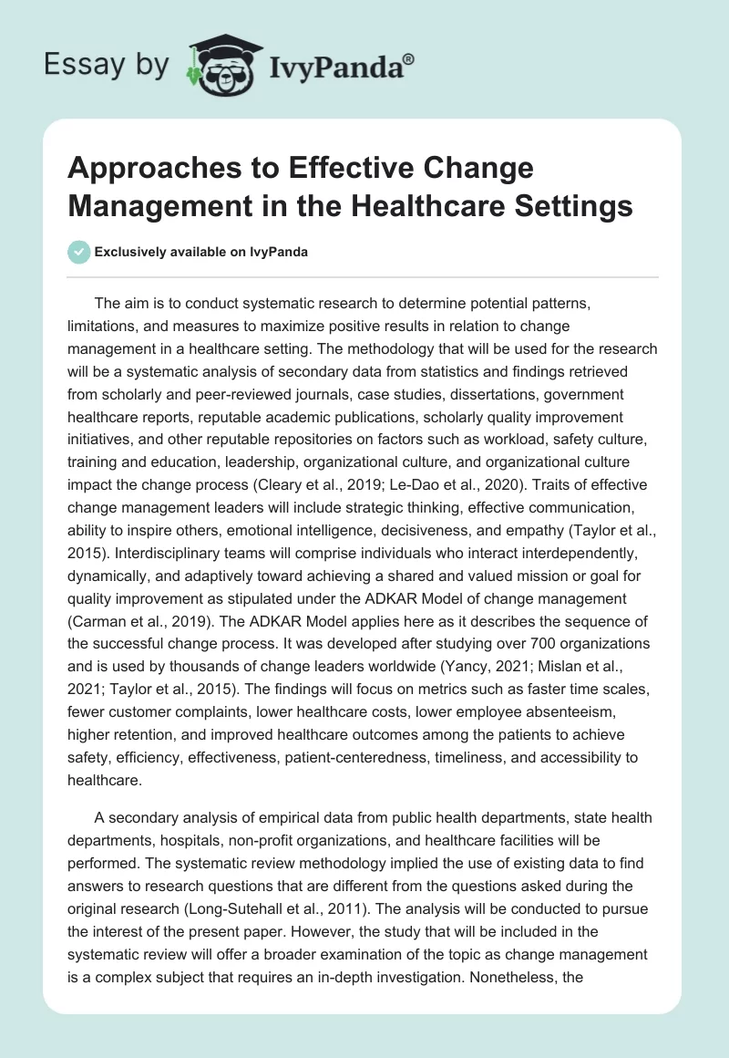 Approaches to Effective Change Management in the Healthcare Settings. Page 1