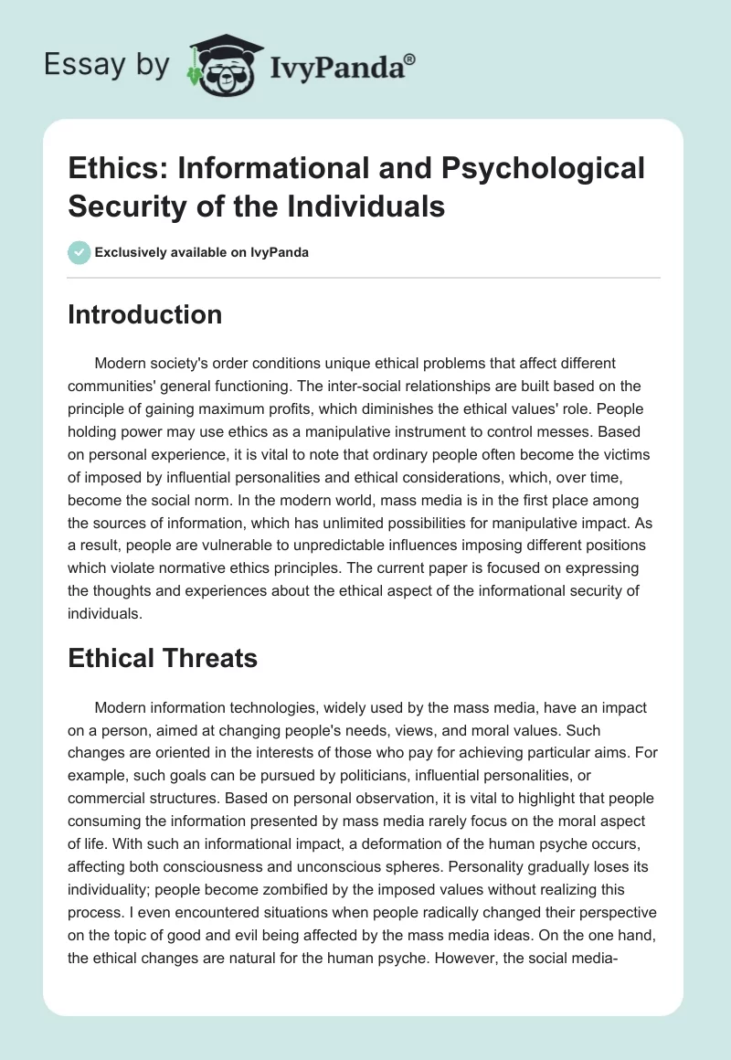 Ethics: Informational and Psychological Security of the Individuals. Page 1