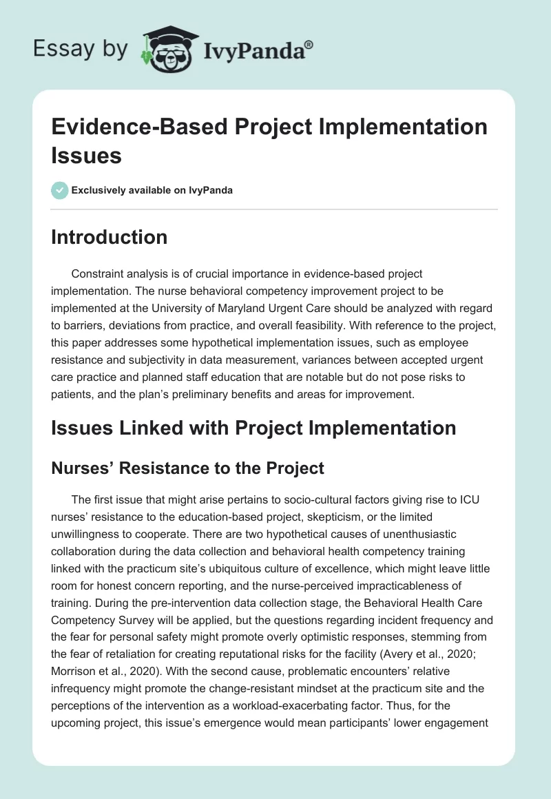 Evidence-Based Project Implementation Issues. Page 1