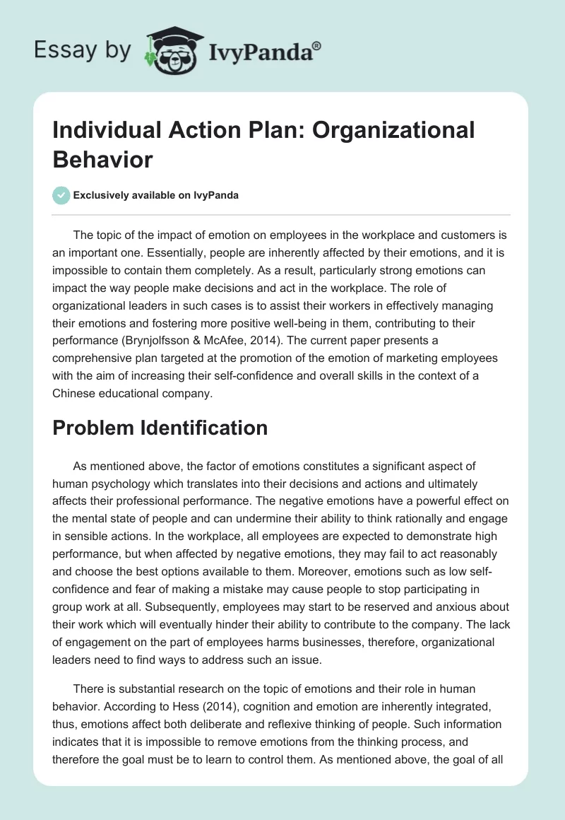 Individual Action Plan: Organizational Behavior. Page 1