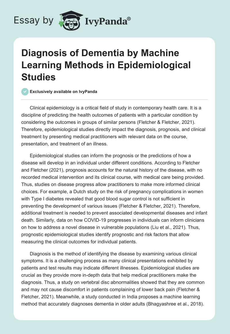 Diagnosis of Dementia by Machine Learning Methods in Epidemiological Studies. Page 1