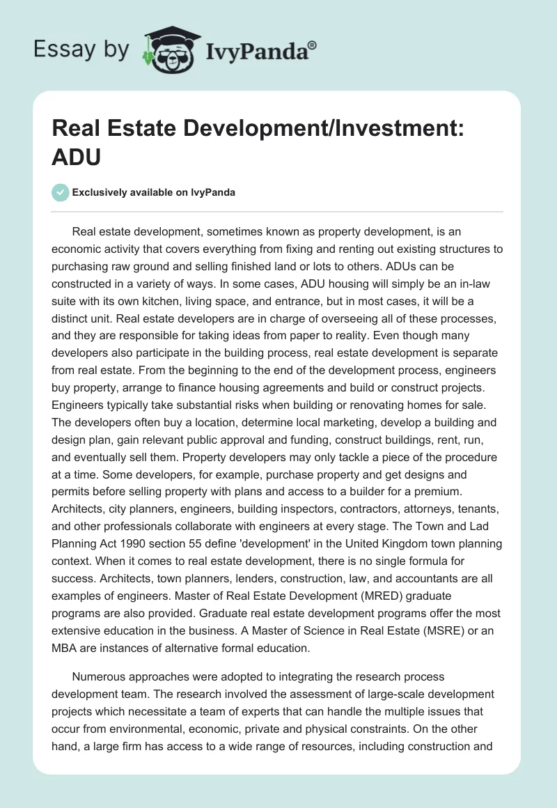 Real Estate Development/Investment: ADU. Page 1