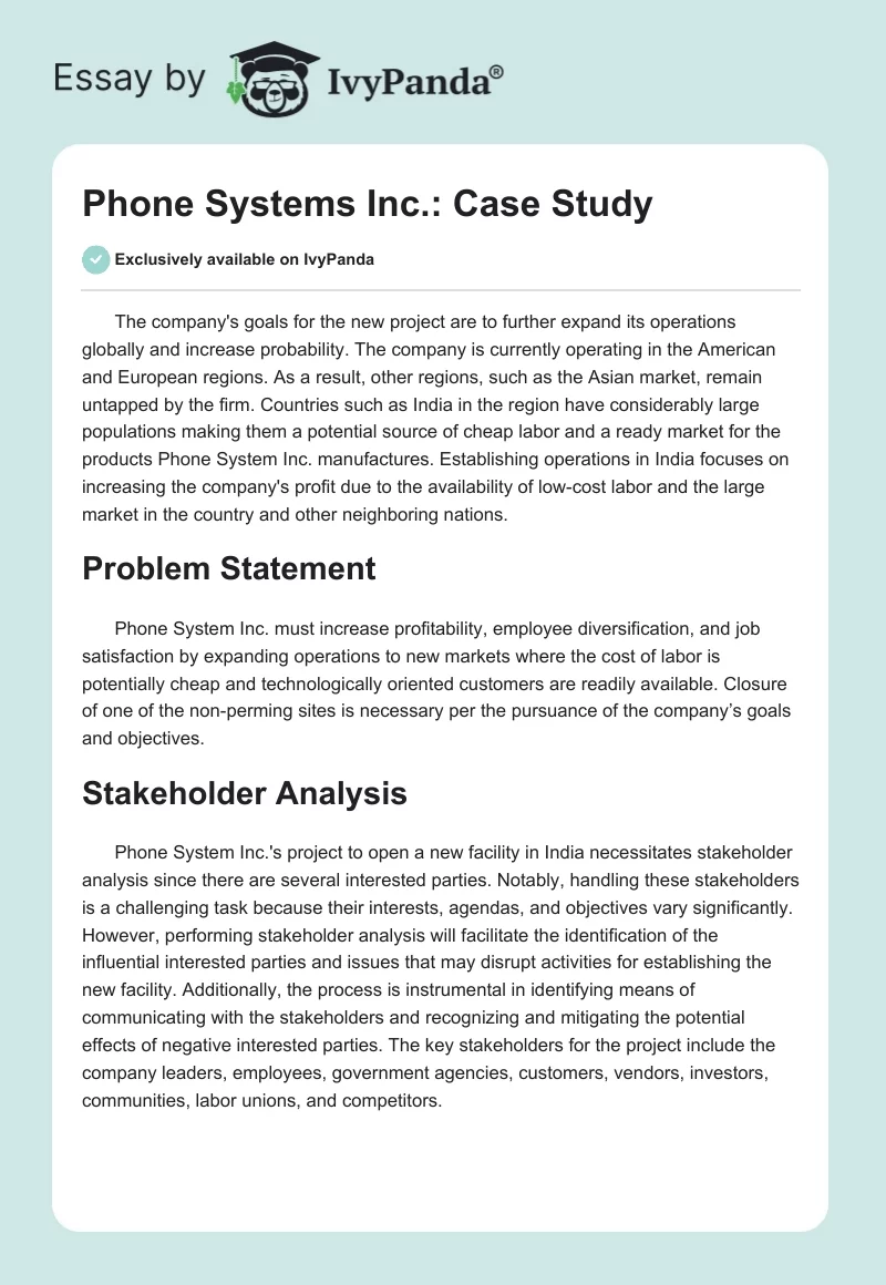 Phone Systems Inc. Case Study. Page 1