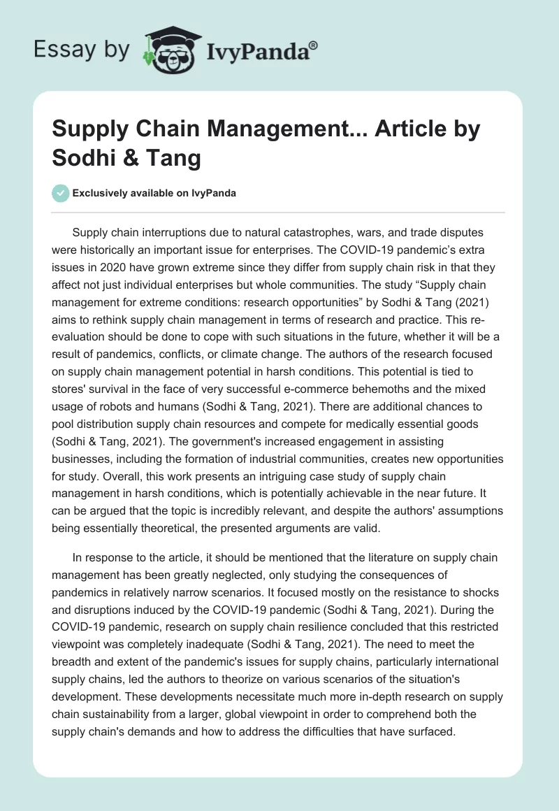 "Supply Chain Management..." Article by Sodhi & Tang. Page 1