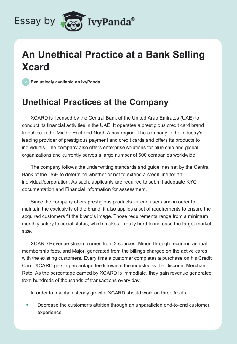 An Unethical Practice at a Bank Selling Xcard. Page 1