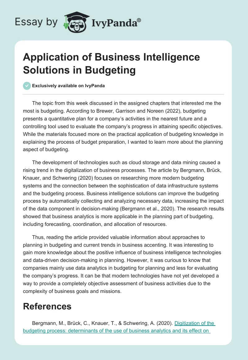 Application of Business Intelligence Solutions in Budgeting. Page 1
