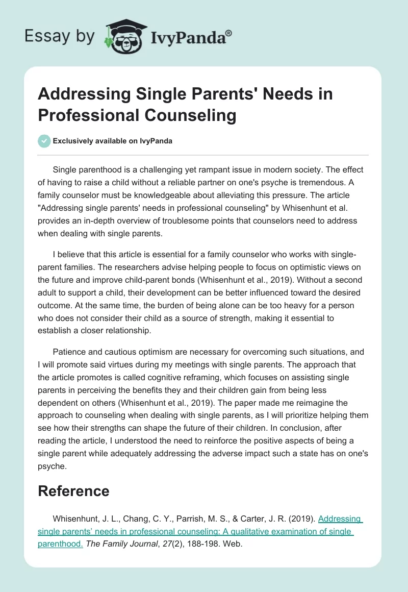 Addressing Single Parents' Needs in Professional Counseling. Page 1