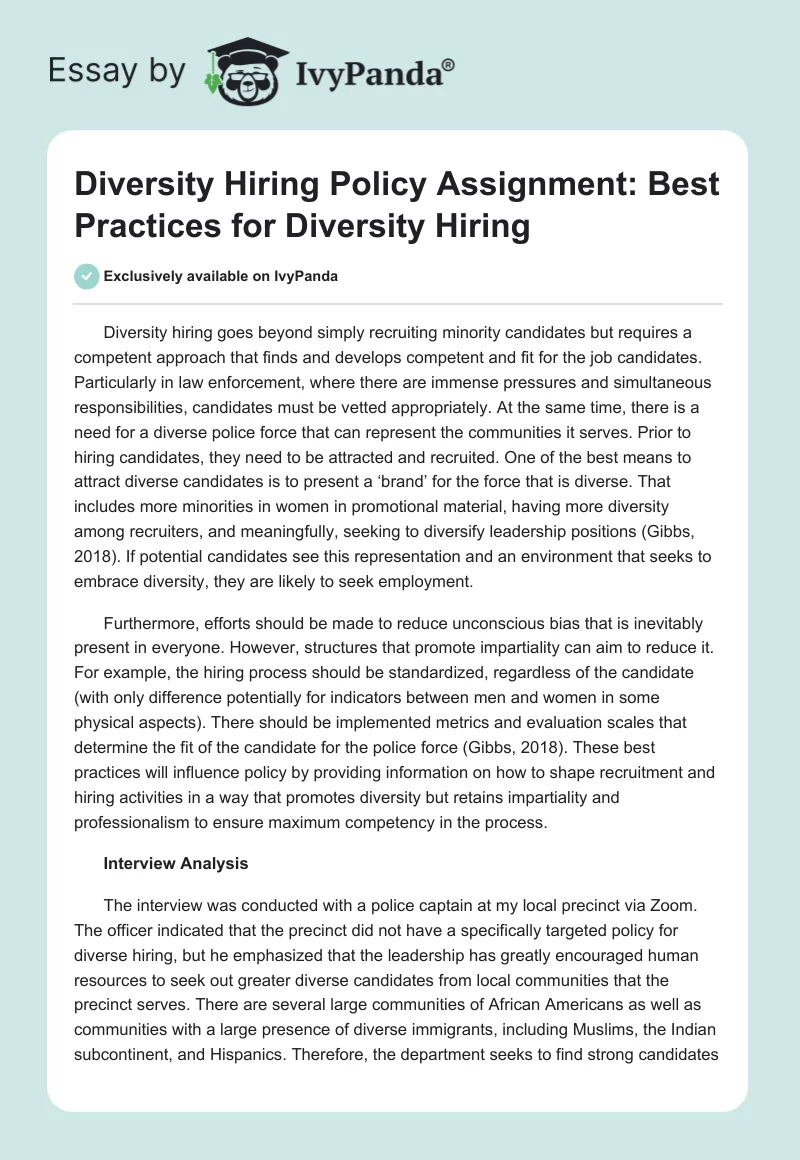 Diversity Hiring Policy Assignment: Best Practices for Diversity Hiring. Page 1