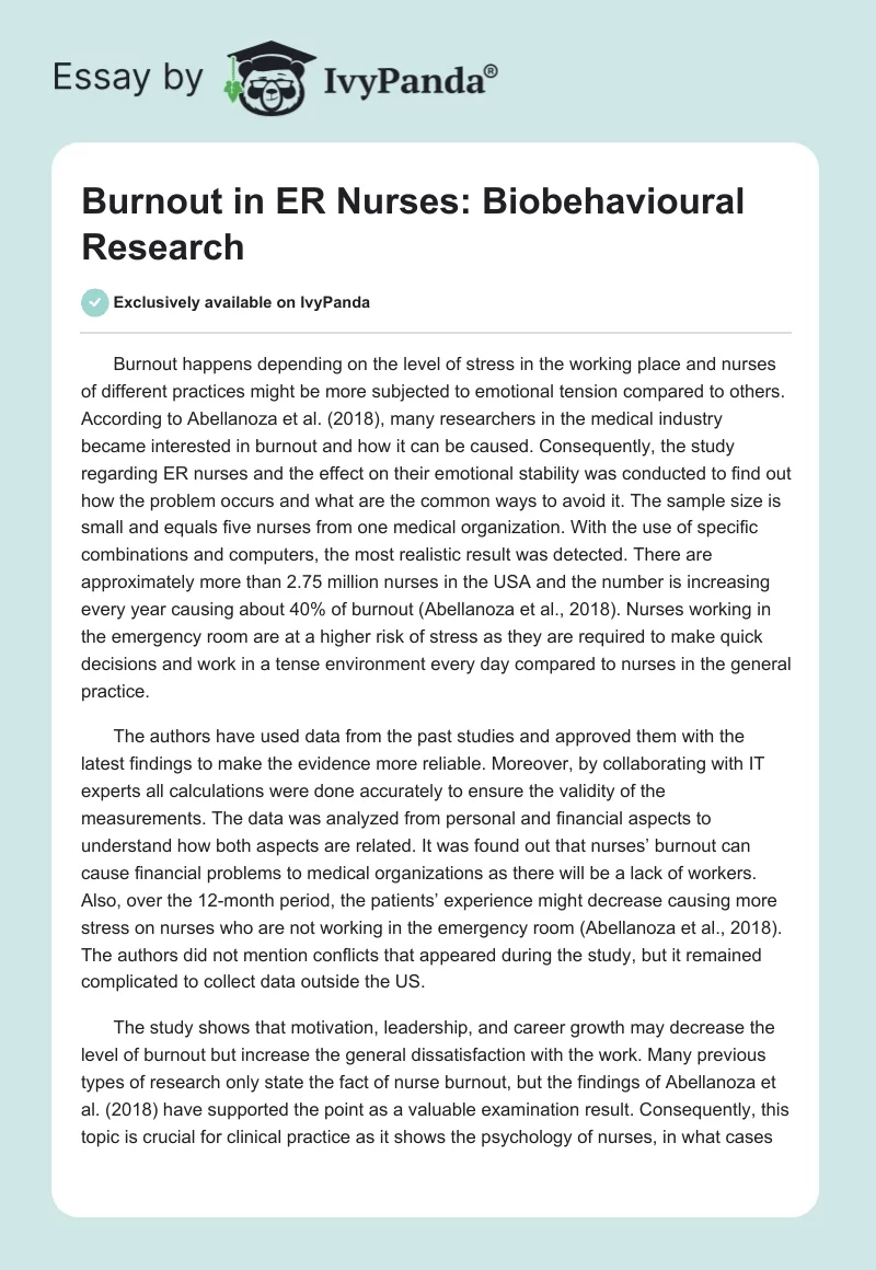 Burnout in ER Nurses: Biobehavioural Research. Page 1