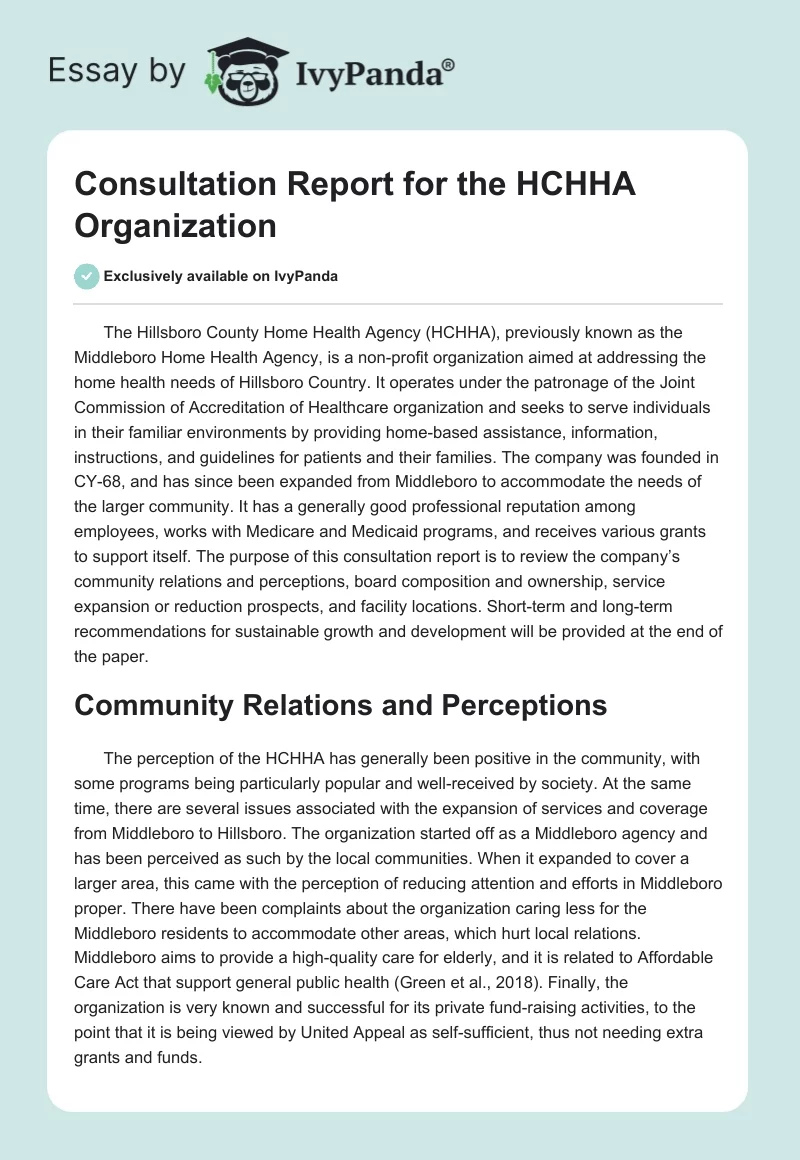 Consultation Report for the HCHHA Organization. Page 1