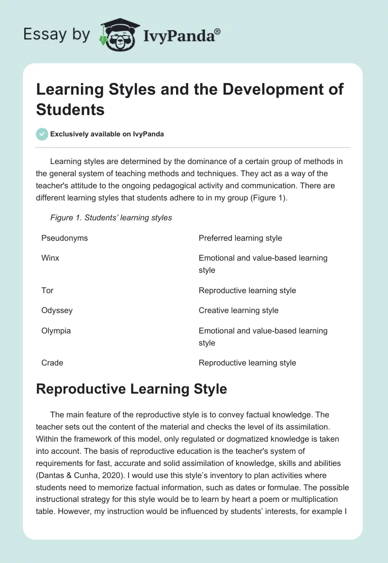 Learning Styles and the Development of Students. Page 1