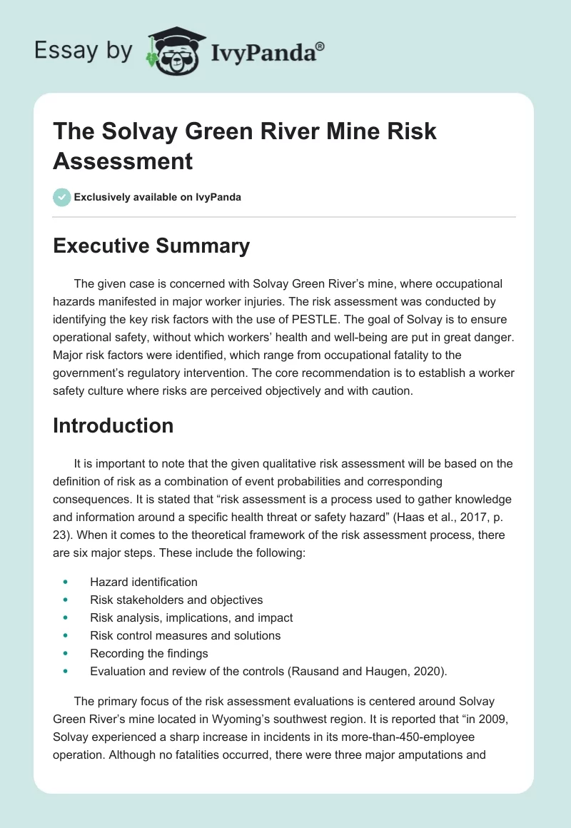 The Solvay Green River Mine Risk Assessment. Page 1