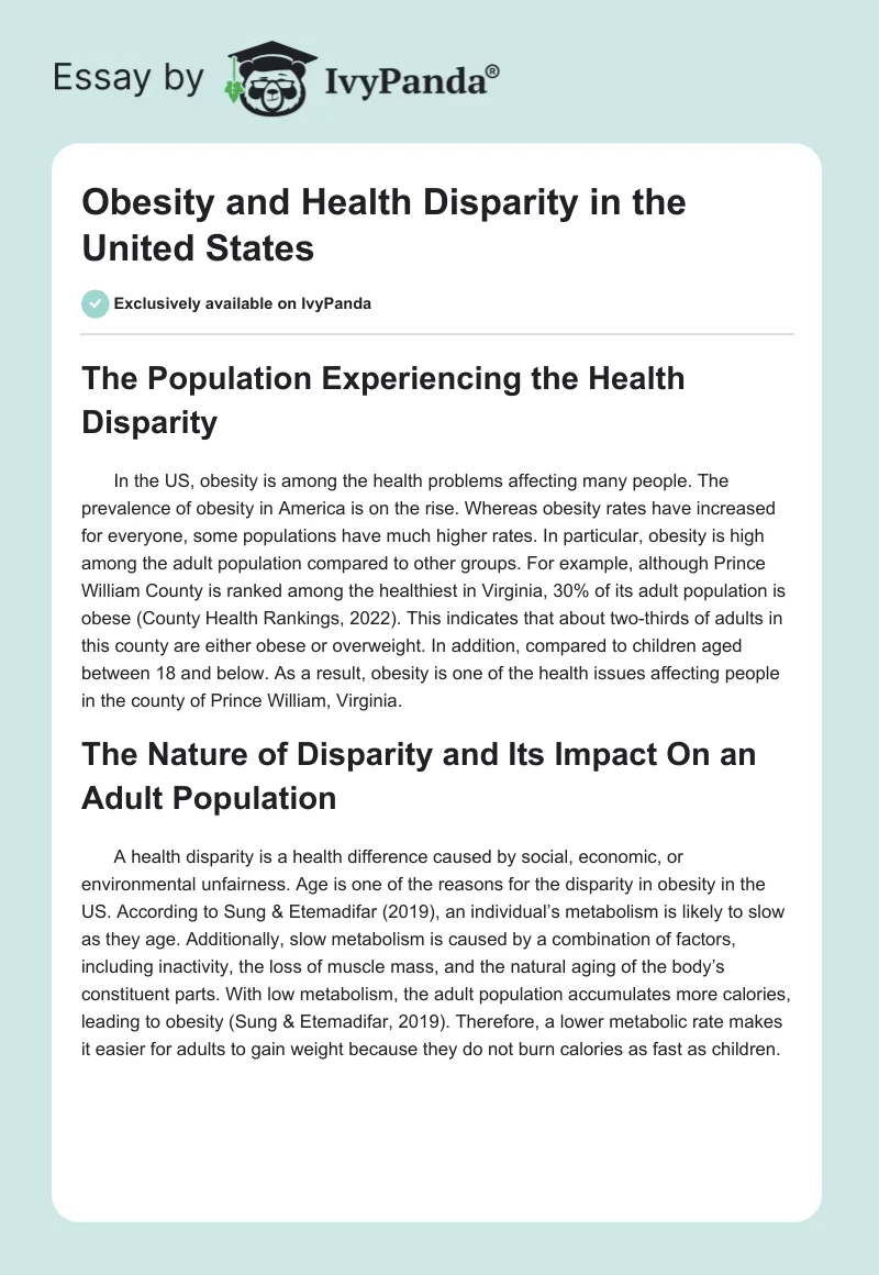 Obesity and Health Disparity in the United States. Page 1