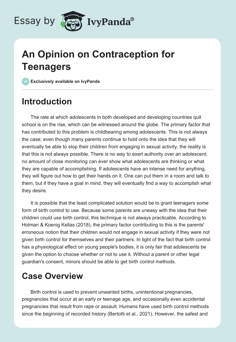 An Opinion on Contraception for Teenagers. Page 1