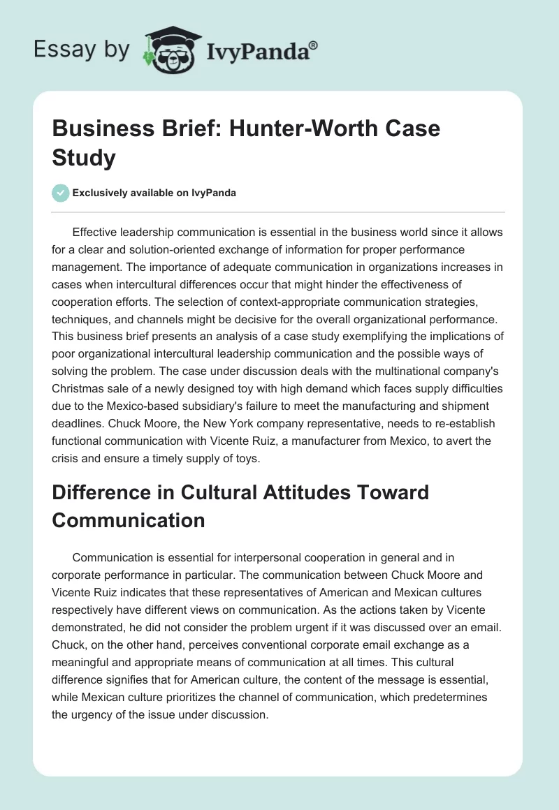 Business Brief: Hunter-Worth Case Study. Page 1
