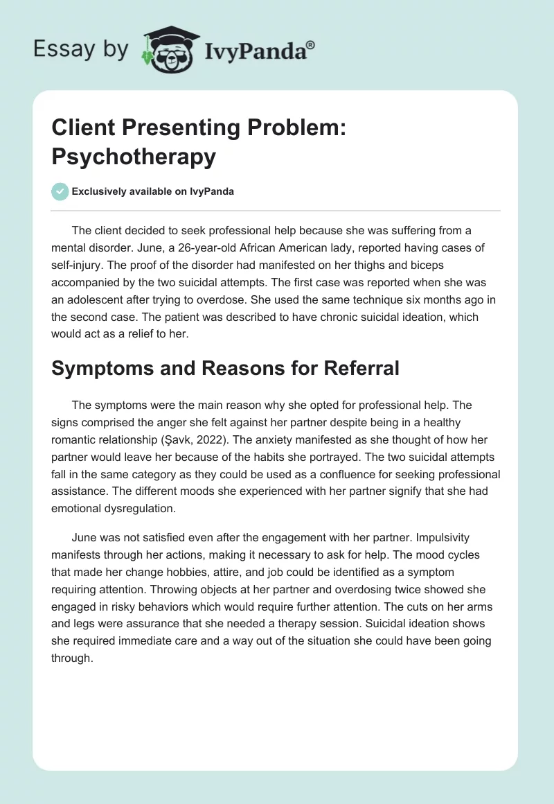 Client Presenting Problem: Psychotherapy. Page 1