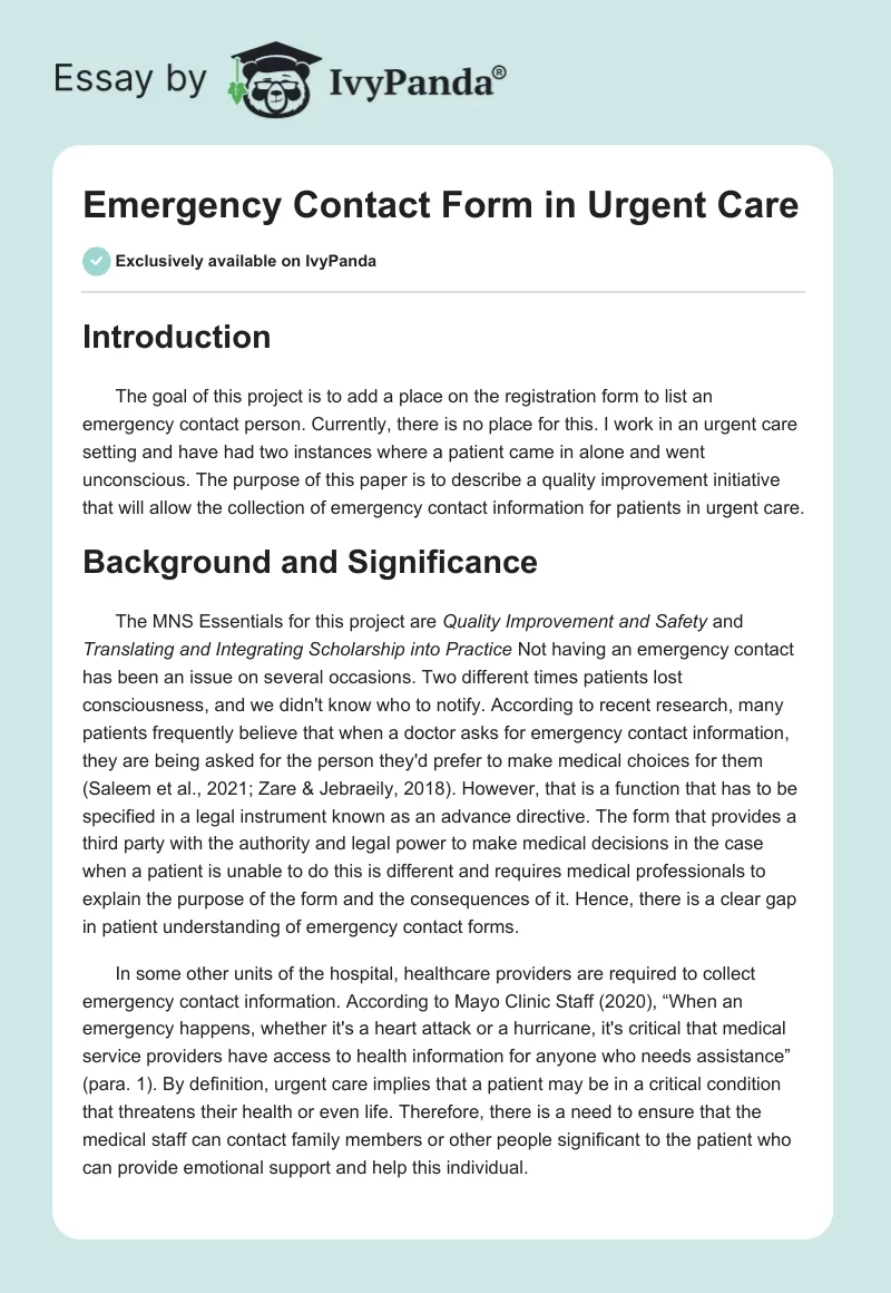 Emergency Contact Form in Urgent Care. Page 1