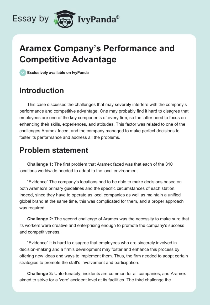 Aramex Company’s Performance and Competitive Advantage. Page 1