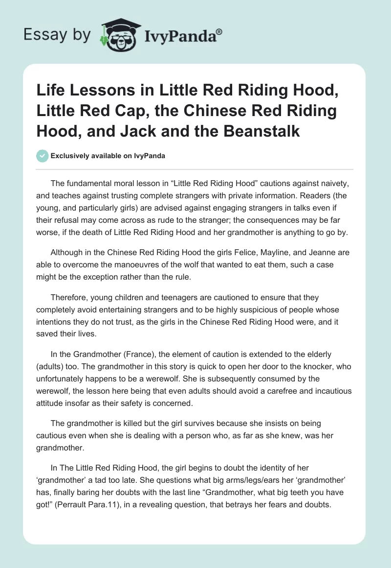 Life Lessons in Little Red Riding Hood, Little Red Cap, the Chinese Red Riding Hood, and Jack and the Beanstalk. Page 1