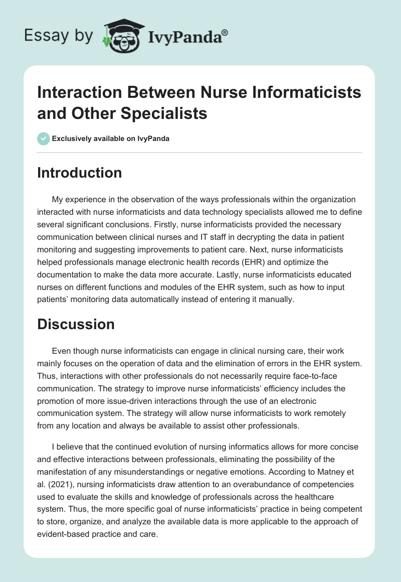 Interaction Between Nurse Informaticists and Other Specialists. Page 1