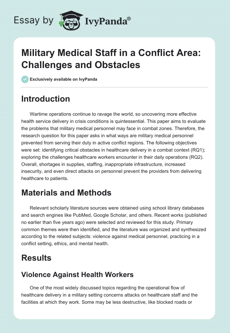 Military Medical Staff in a Conflict Area: Challenges and Obstacles. Page 1