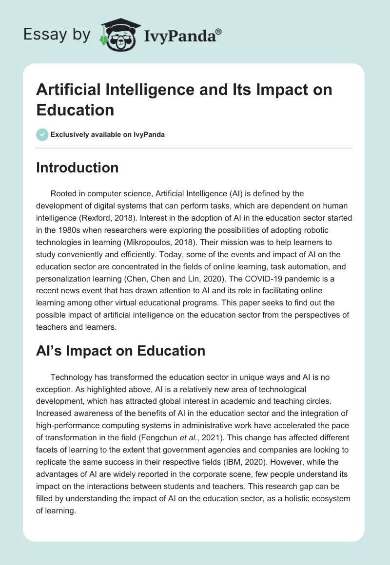 Artificial Intelligence and Its Impact on Education. Page 1