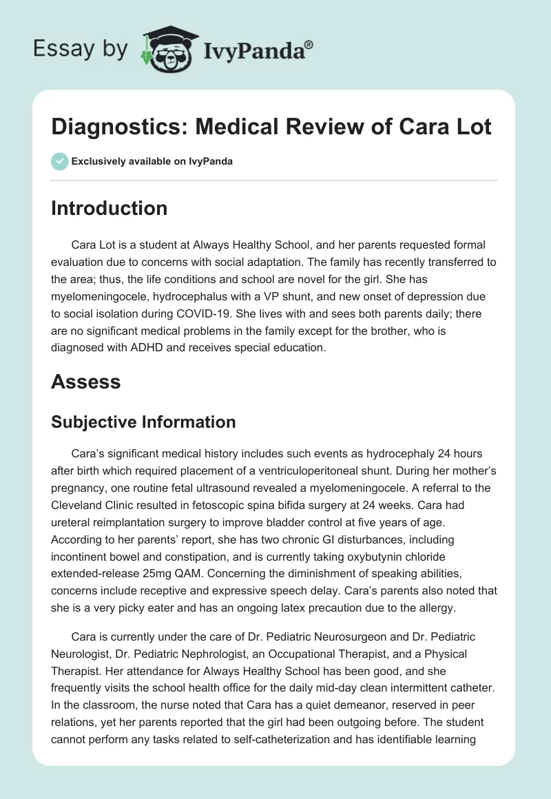 Diagnostics: Medical Review of Cara Lot. Page 1