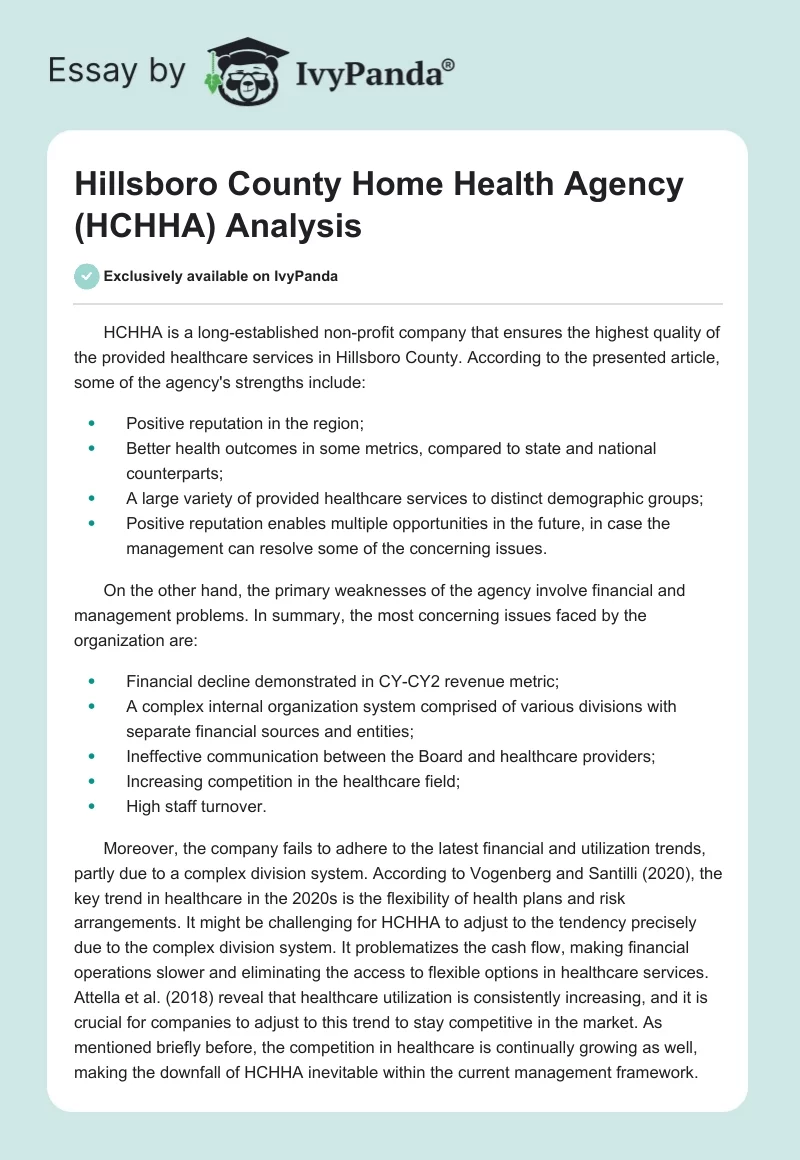 Hillsboro County Home Health Agency (HCHHA) Analysis. Page 1