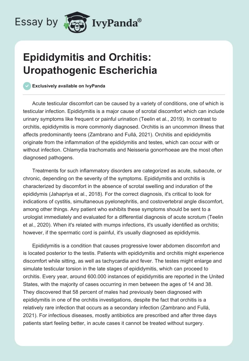 Epididymitis and Orchitis: Uropathogenic Escherichia. Page 1