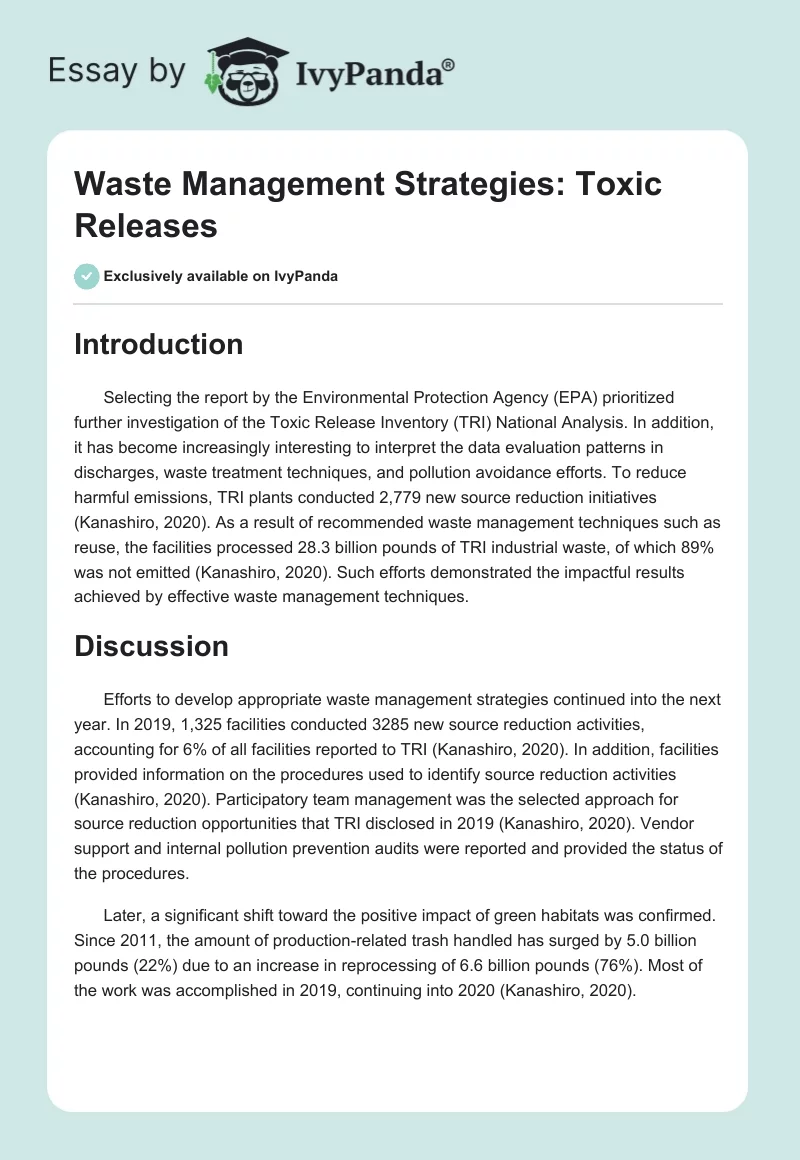 Waste Management Strategies: Toxic Releases. Page 1