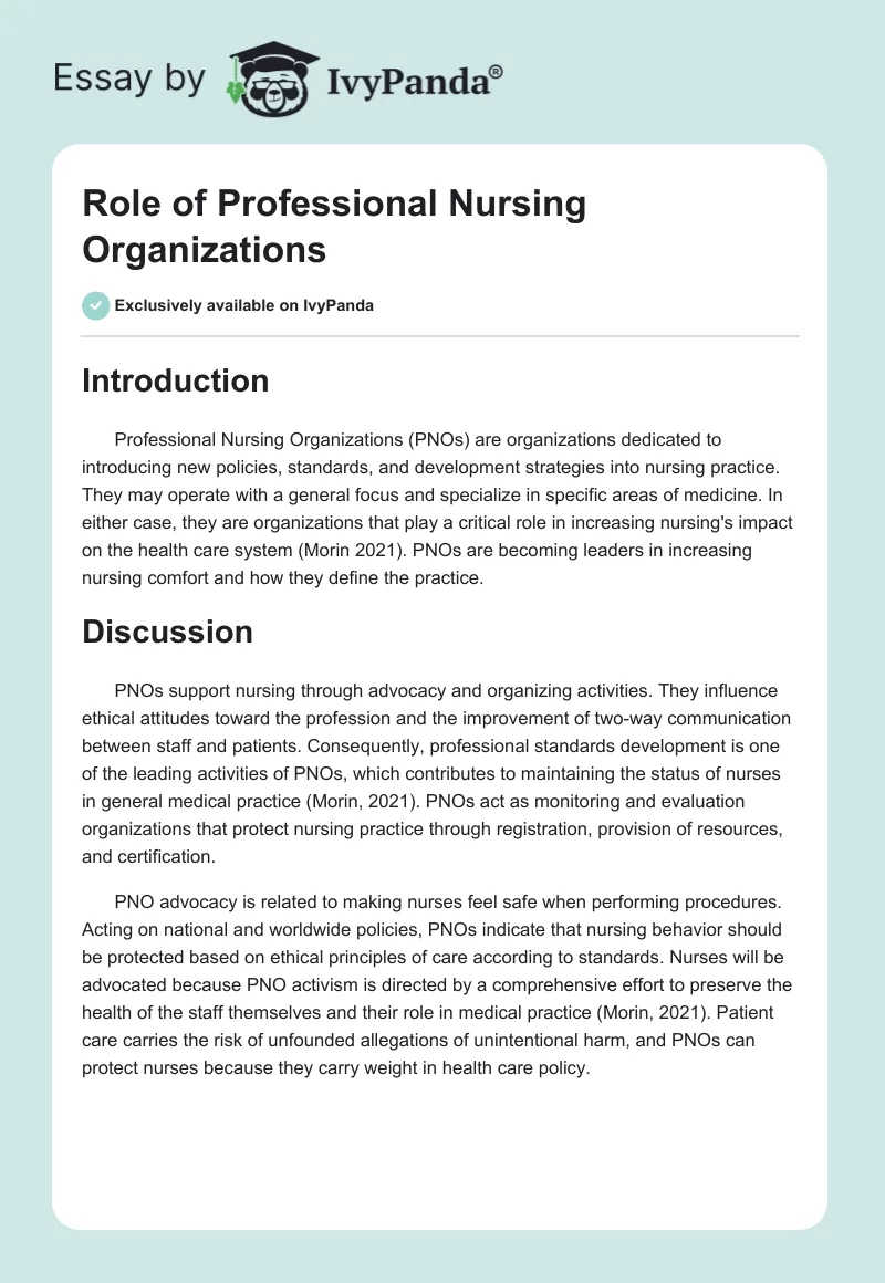 Role of Professional Nursing Organizations. Page 1