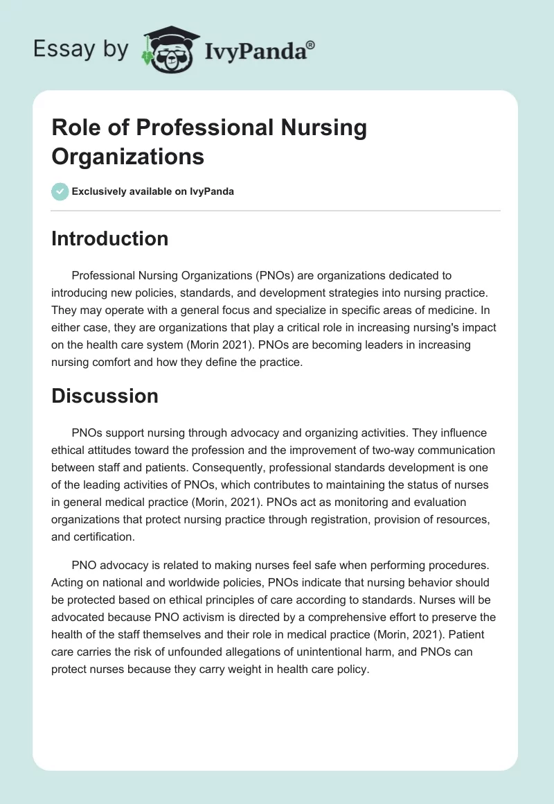  Role Of Professional Nursing Organizations 301 Words Essay Example