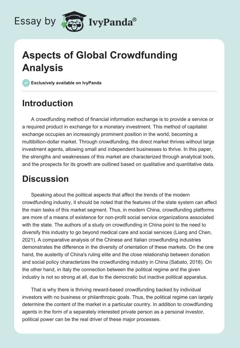 Aspects of Global Crowdfunding Analysis. Page 1