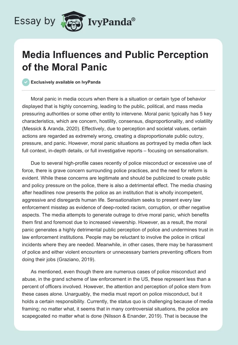 Media Influences and Public Perception of the Moral Panic. Page 1
