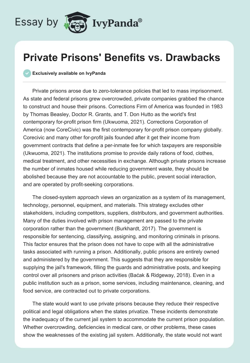 Private Prisons' Benefits vs. Drawbacks. Page 1
