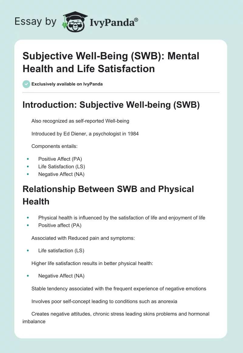 Subjective Well-Being (SWB): Mental Health and Life Satisfaction. Page 1