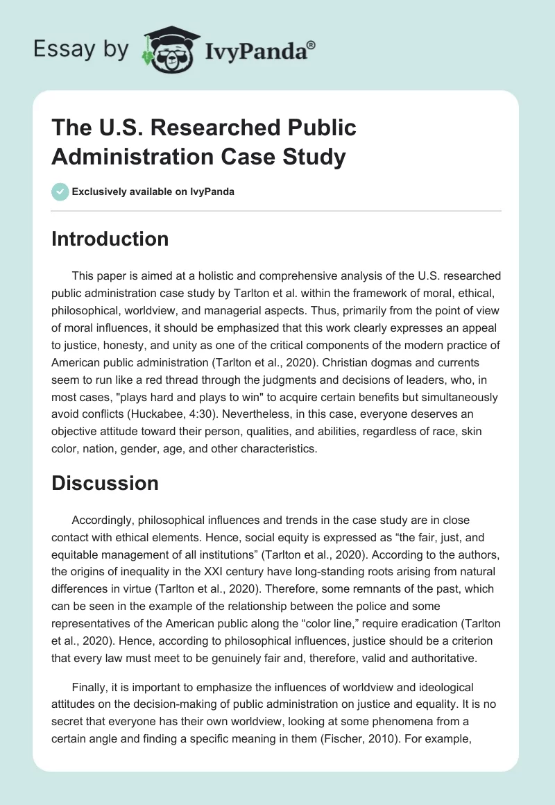 The U.S. Researched Public Administration Case Study. Page 1