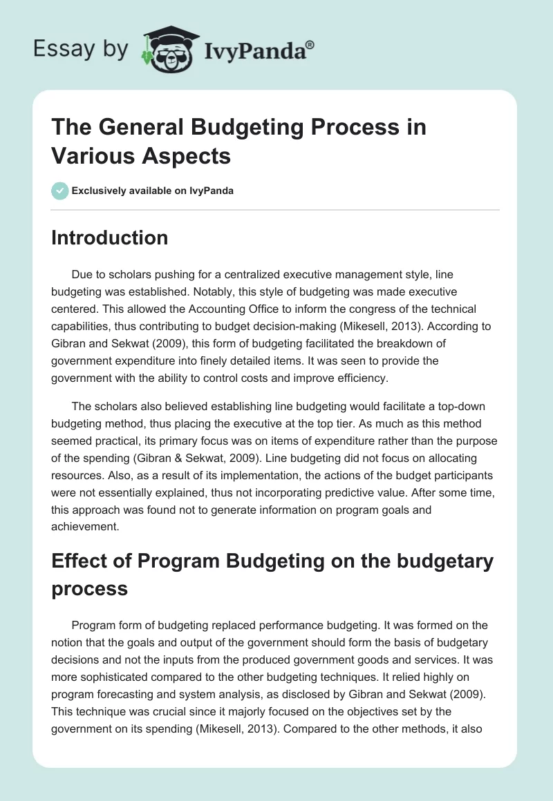 The General Budgeting Process in Various Aspects. Page 1