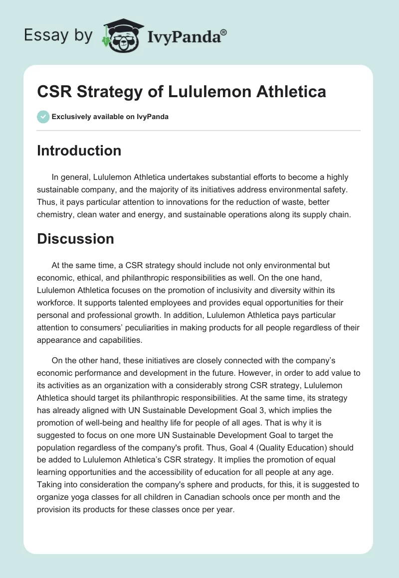 CSR Strategy of Lululemon Athletica. Page 1
