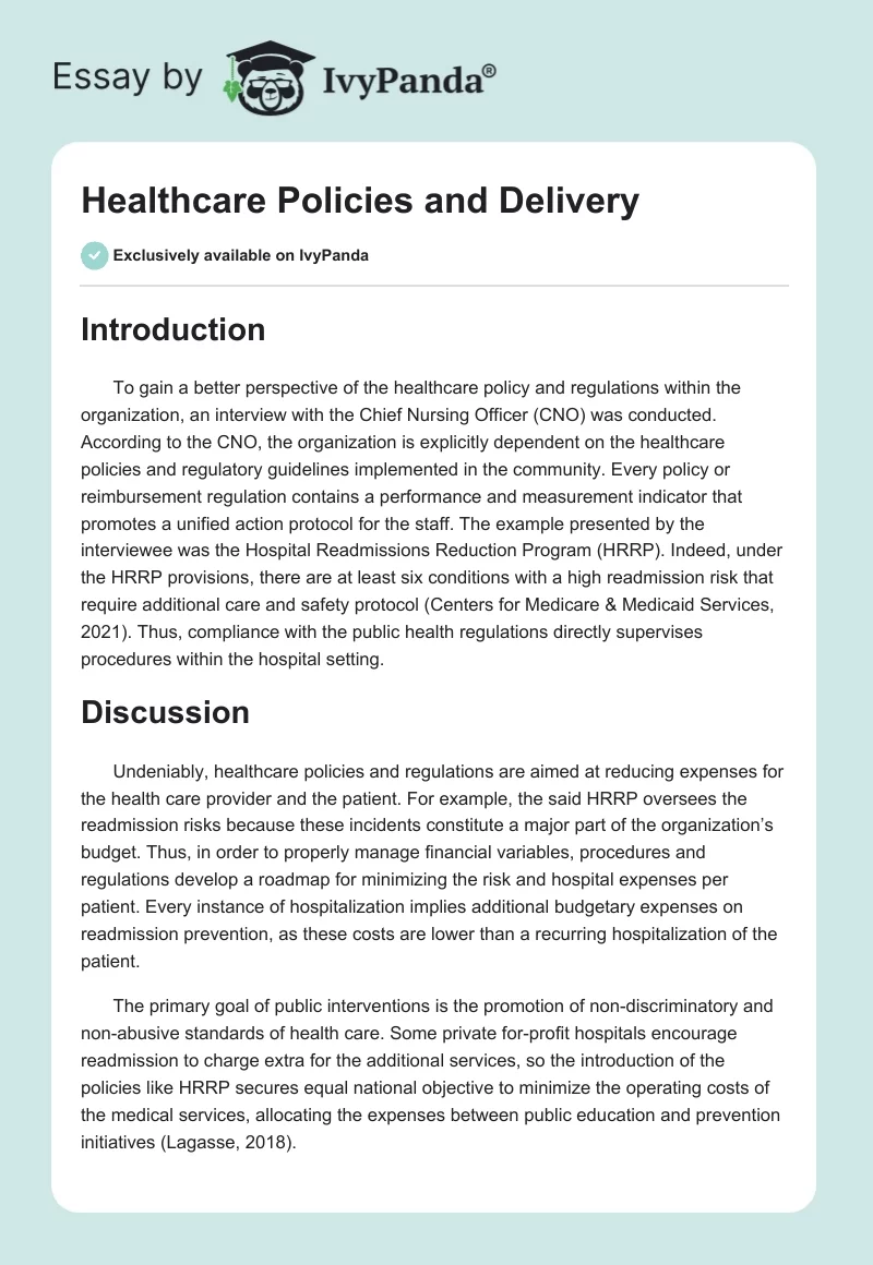 Healthcare Policies and Delivery. Page 1