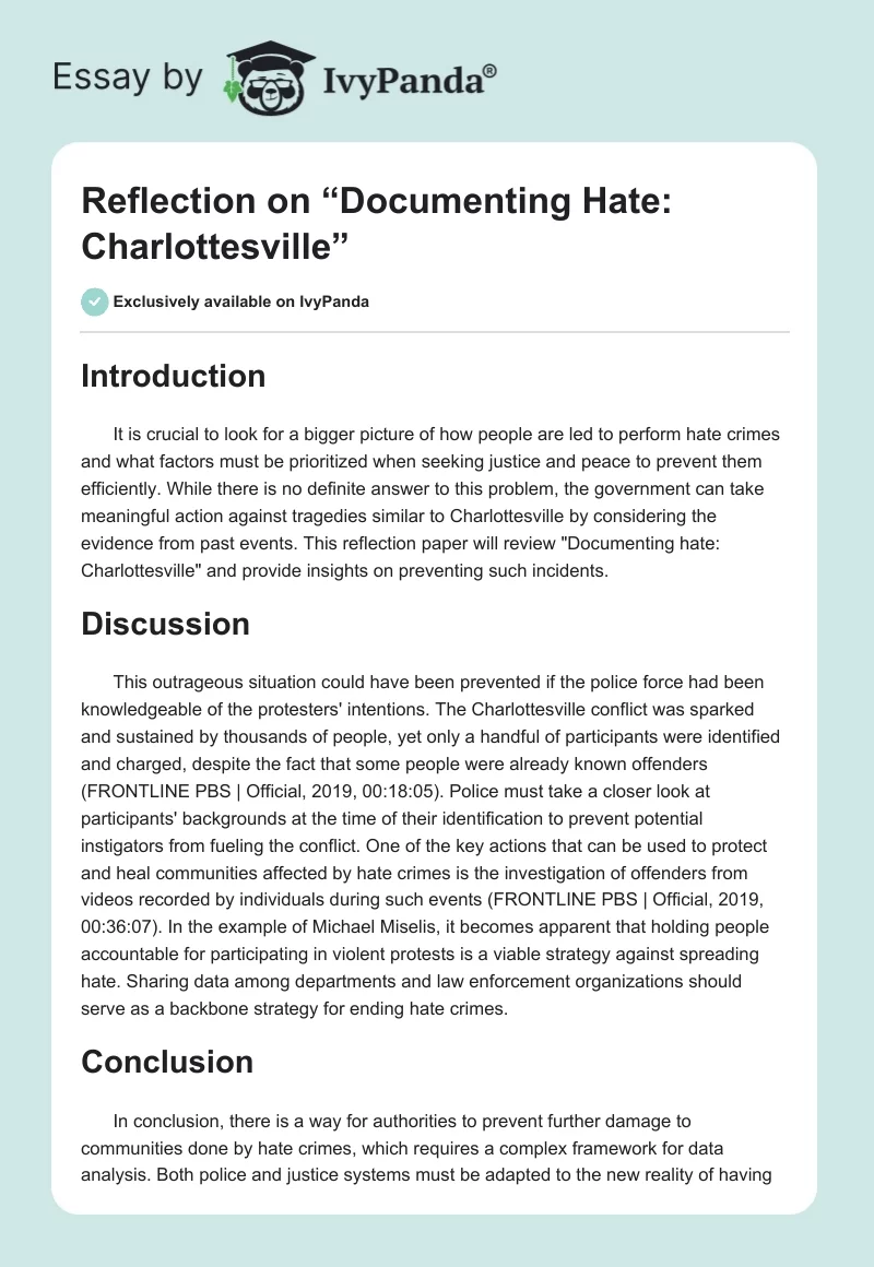 Reflection on “Documenting Hate: Charlottesville”. Page 1