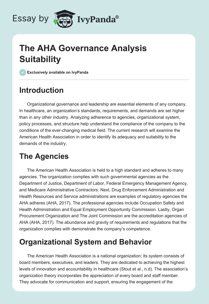The AHA Governance Analysis Suitability. Page 1