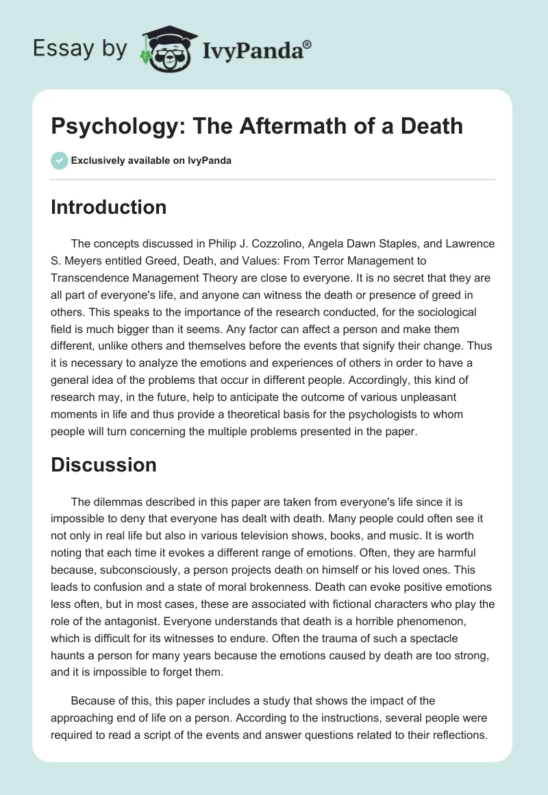 Psychology: The Aftermath of a Death. Page 1