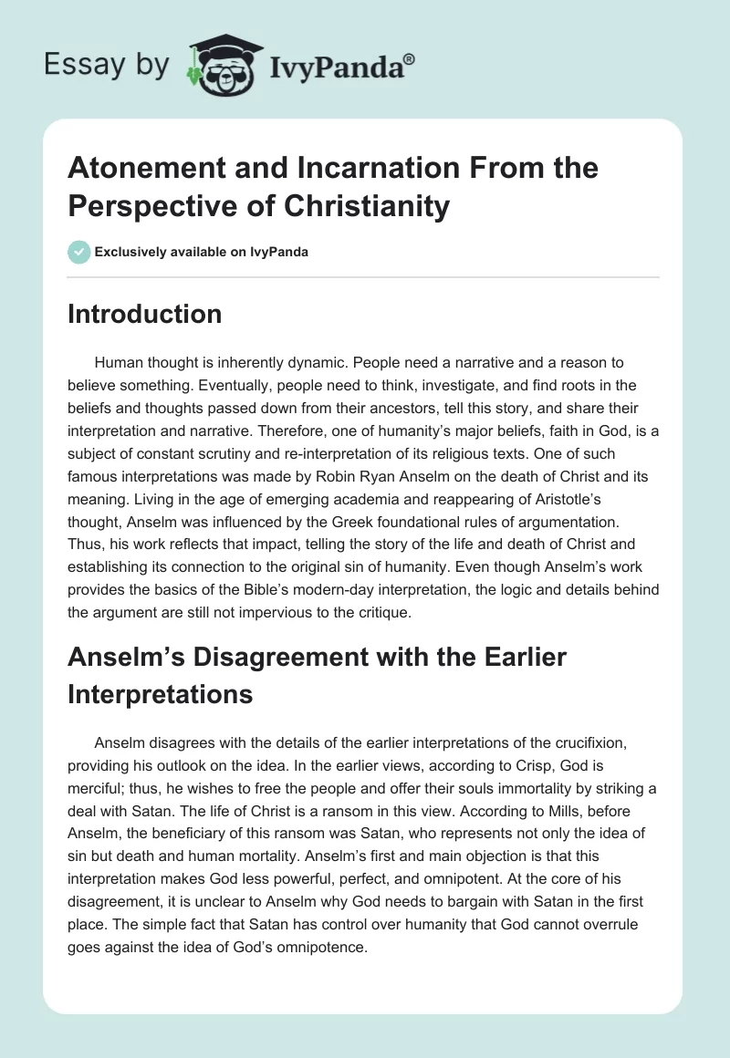 Atonement and Incarnation From the Perspective of Christianity. Page 1